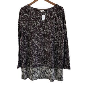 J Jill Pima Cotton Modal Brown L/S Border Print Tunic Top Size L NEW